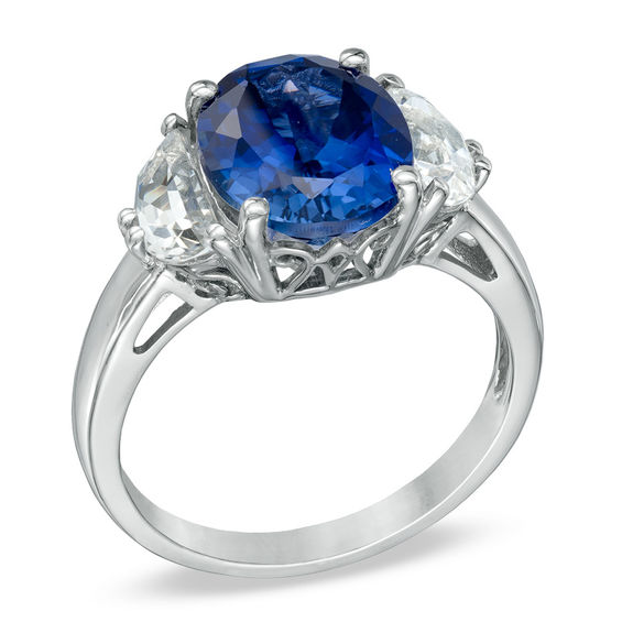 Oval Lab-Created Ceylon and White Sapphire Three Stone Ring in 10K White Gold
