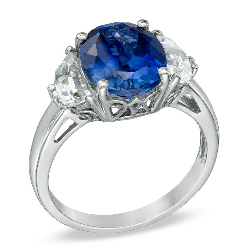 Main Image 2 of Oval Lab-Created Ceylon and White Sapphire Three Stone Ring in 10K White Gold