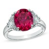 Thumbnail Image 1 of Oval Lab-Created Ruby and White Sapphire Three Stone Ring in 10K White Gold