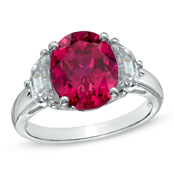 Oval Lab-Created Ruby and White Sapphire Three Stone Ring in 10K White Gold