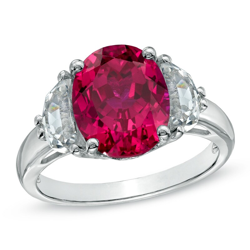 Main Image 1 of Oval Lab-Created Ruby and White Sapphire Three Stone Ring in 10K White Gold