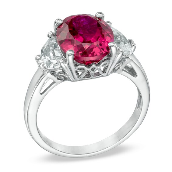 Oval Lab-Created Ruby and White Sapphire Three Stone Ring in 10K White Gold