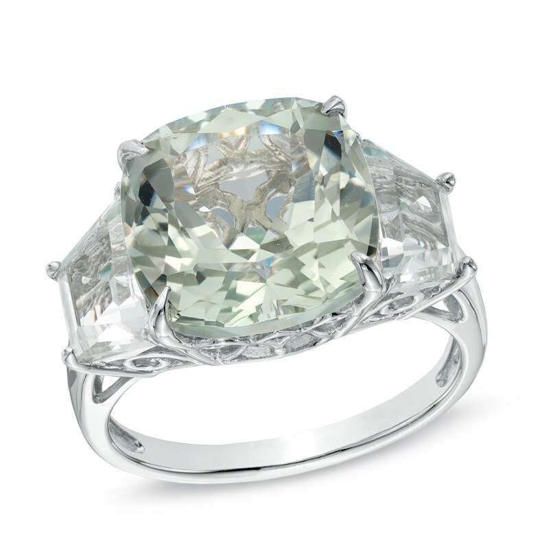 Main Image 1 of 12.0mm Cushion-Cut Green Quartz and Lab-Created White Sapphire Ring in Sterling Silver