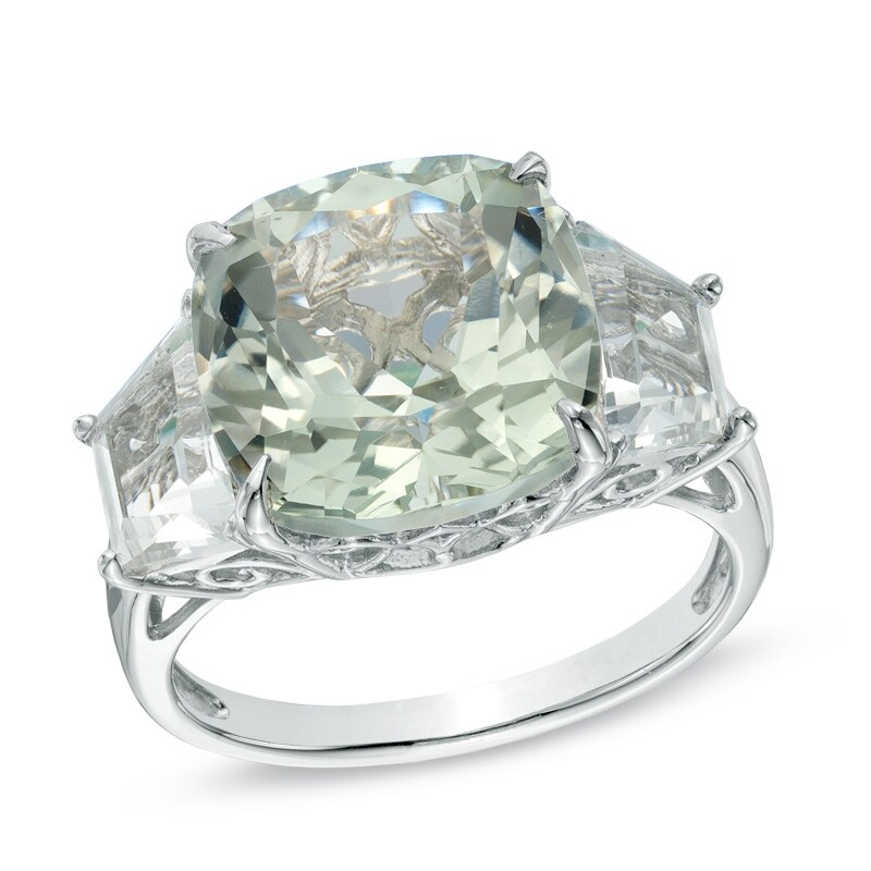 12.0mm Cushion-Cut Green Quartz and Lab-Created White Sapphire Ring in Sterling Silver