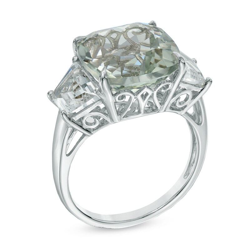 Main Image 2 of 12.0mm Cushion-Cut Green Quartz and Lab-Created White Sapphire Ring in Sterling Silver