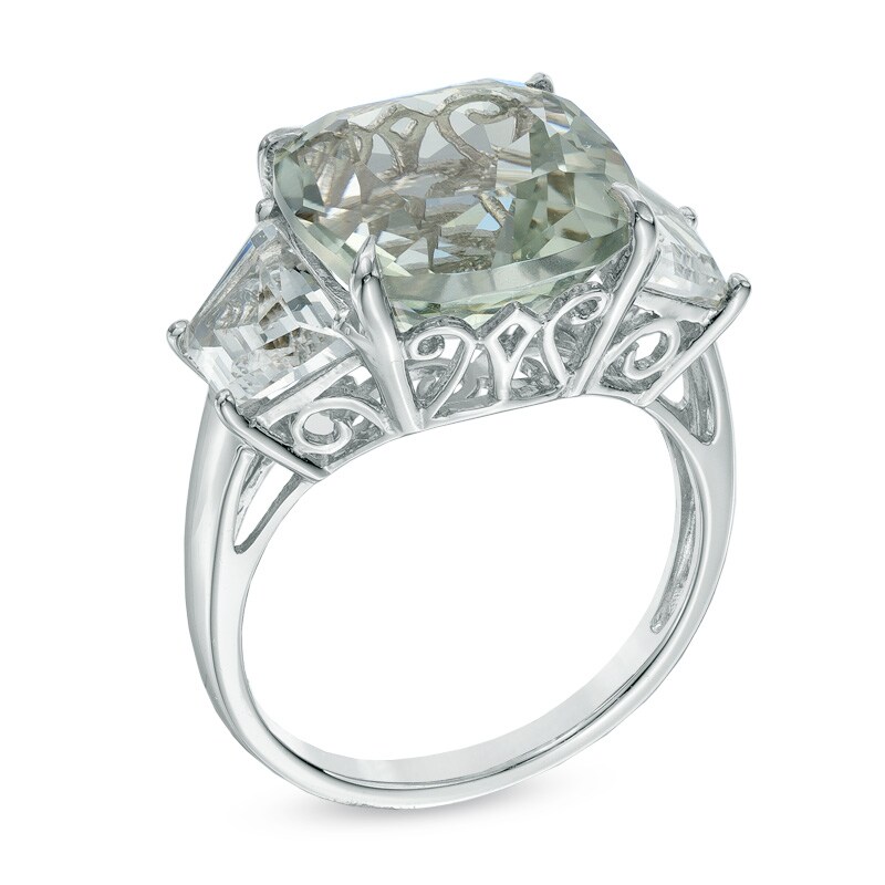 12.0mm Cushion-Cut Green Quartz and Lab-Created White Sapphire Ring in Sterling Silver