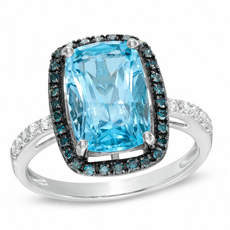 Main Image 1 of Cushion-Cut Swiss Blue Topaz and 1/4 CT. T.W. Enhanced Blue and White Diamond Ring in 10K White Gold