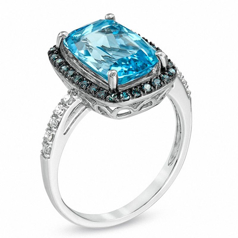 Main Image 2 of Cushion-Cut Swiss Blue Topaz and 1/4 CT. T.W. Enhanced Blue and White Diamond Ring in 10K White Gold