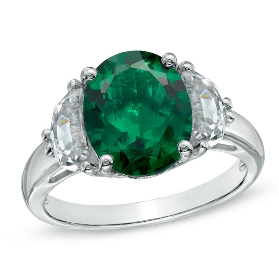Lab-Created Emerald and White Sapphire Three Stone Ring in 10K White Gold