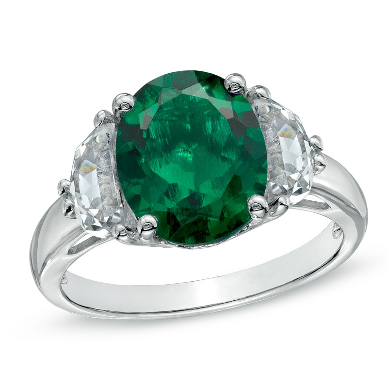 Main Image 1 of Lab-Created Emerald and White Sapphire Three Stone Ring in 10K White Gold