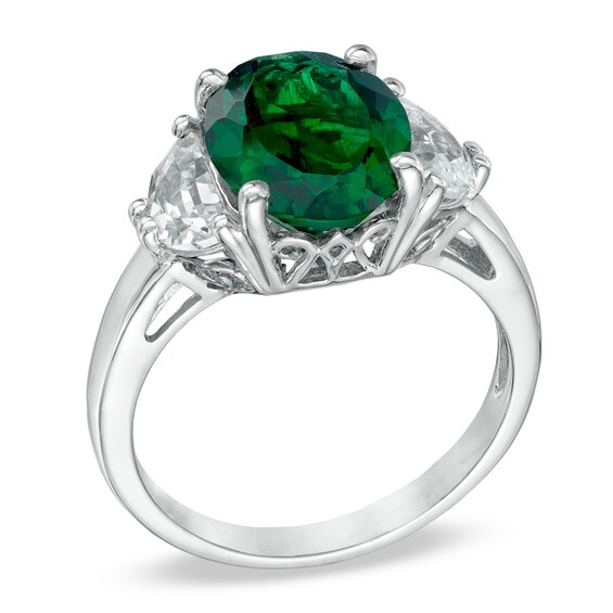 Lab-Created Emerald and White Sapphire Three Stone Ring in 10K White Gold