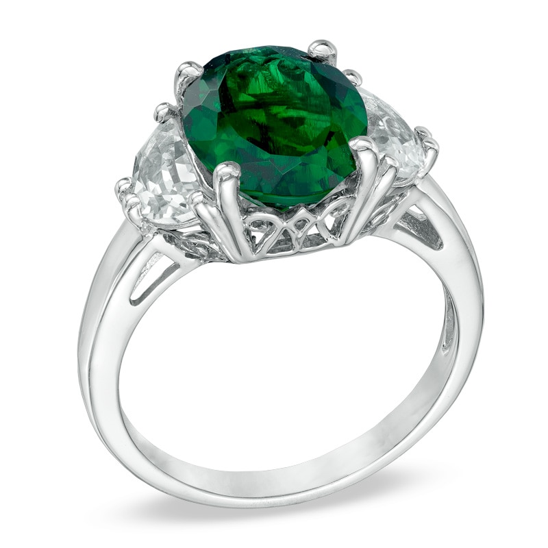 Main Image 2 of Lab-Created Emerald and White Sapphire Three Stone Ring in 10K White Gold