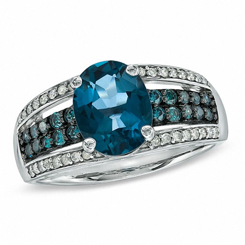 Main Image 1 of Oval London Blue Topaz and 1/4 CT. T.W. Enhanced Blue and White Diamond Ring in 10K White Gold