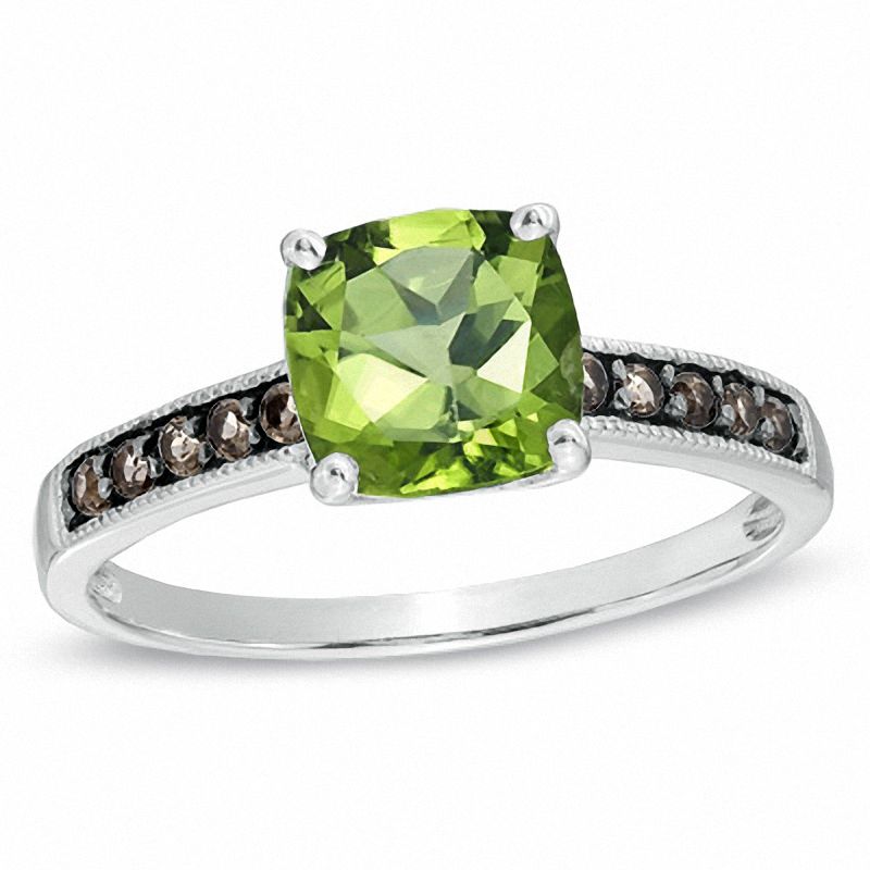 Main Image 1 of 7.0mm Cushion-Cut Peridot and Smoky Quartz Frame Ring in 10K Gold
