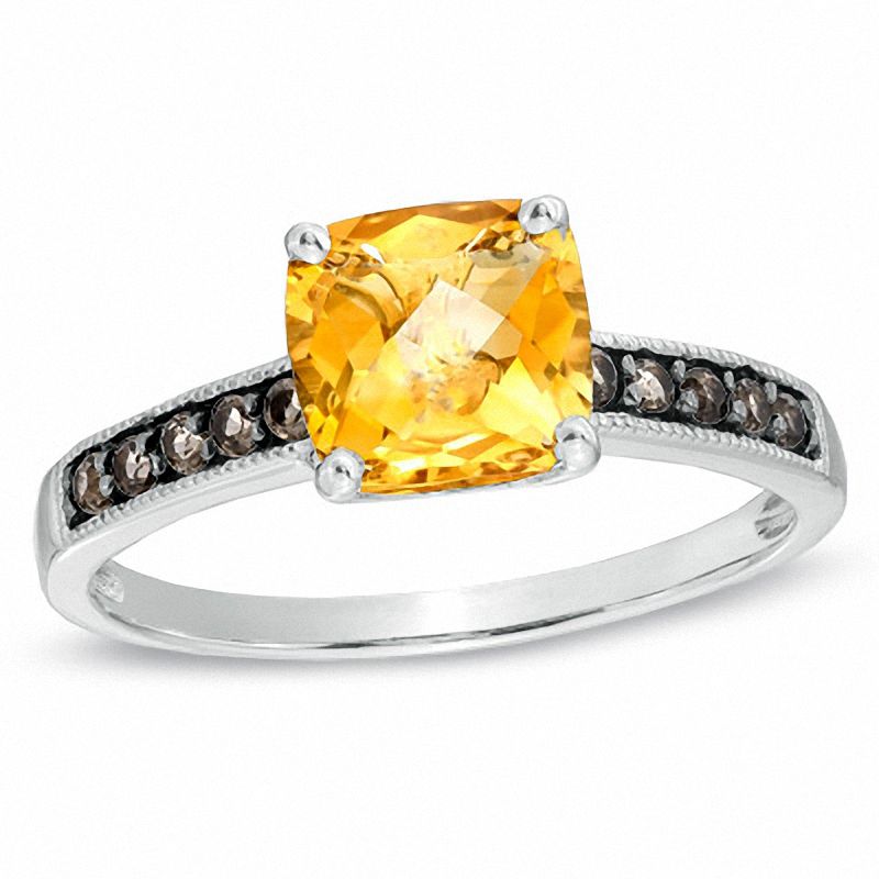 Main Image 1 of 7.0mm Cushion-Cut Citrine and Smoky Quartz Frame Ring in 10K Gold