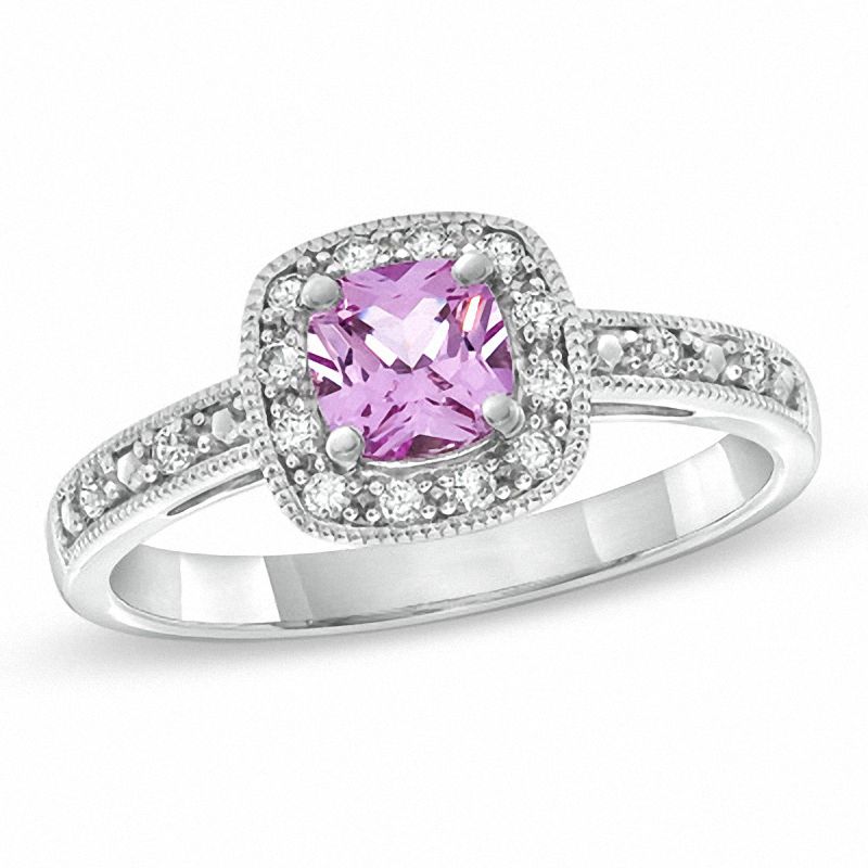 Main Image 1 of 5.0mm Cushion-Cut Lab-Created Pink and White Sapphire with Diamond Accent Ring in 10K White Gold