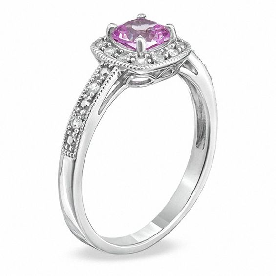5.0mm Cushion-Cut Lab-Created Pink and White Sapphire with Diamond Accent Ring in 10K White Gold