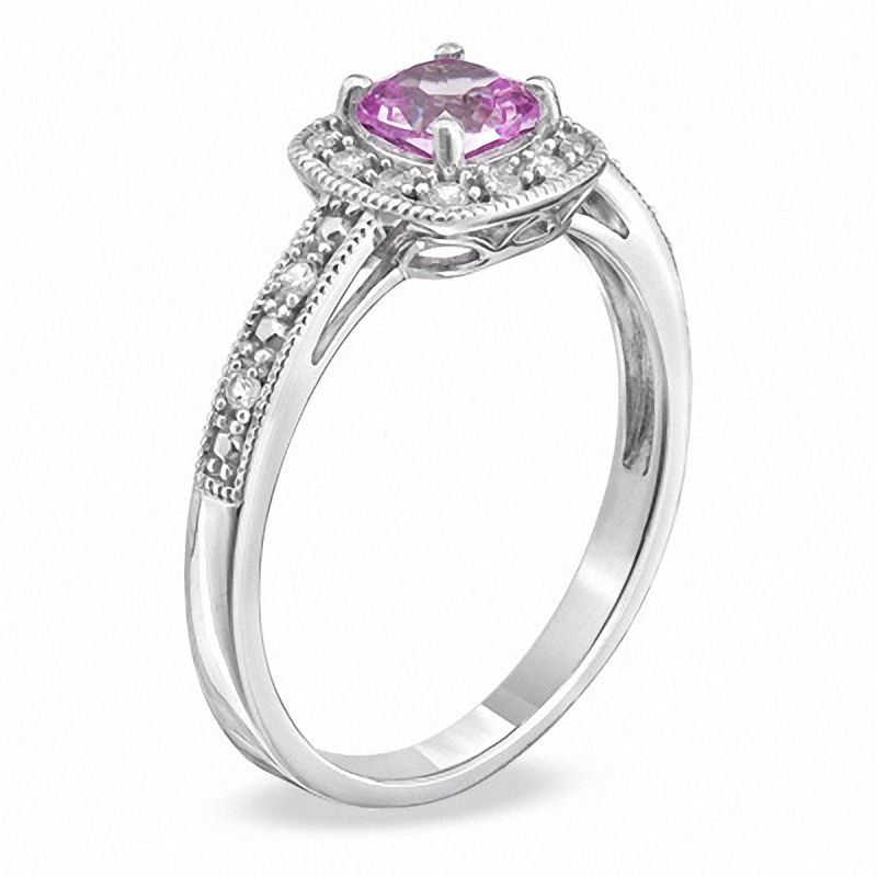 Main Image 2 of 5.0mm Cushion-Cut Lab-Created Pink and White Sapphire with Diamond Accent Ring in 10K White Gold