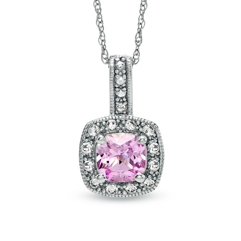 Main Image 1 of 5.0mm Cushion-Cut Lab-Created Pink and White Sapphire Pendant with Diamond Accents in 10K White Gold