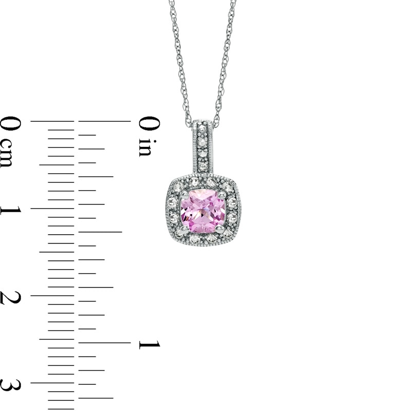 Main Image 2 of 5.0mm Cushion-Cut Lab-Created Pink and White Sapphire Pendant with Diamond Accents in 10K White Gold