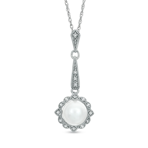 7.5-8.0mm Freshwater Cultured Pearl, Lab-Created White Sapphire and Diamond Accent Pendant in 10K White Gold
