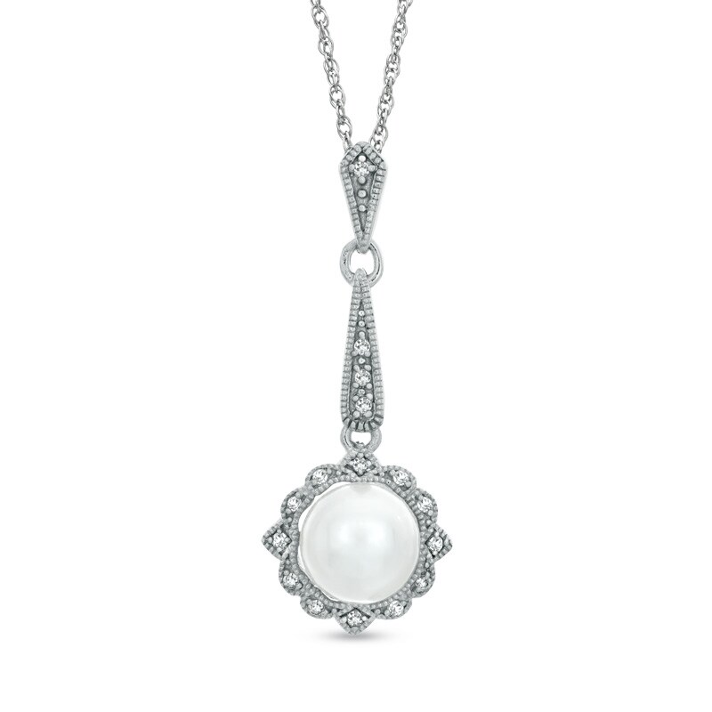 Main Image 1 of 7.5-8.0mm Freshwater Cultured Pearl, Lab-Created White Sapphire and Diamond Accent Pendant in 10K White Gold