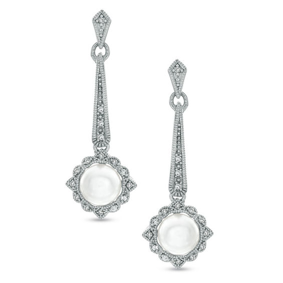6.5-7.0mm Freshwater Cultured Pearl, Lab-Created White Sapphire and Diamond Accent Earrings in 10K White Gold