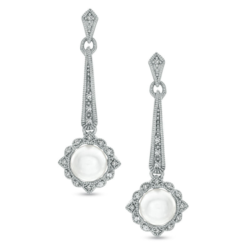 6.5 - 7.0mm Cultured Freshwater Pearl, Lab-Created White Sapphire and Diamond Accent Earrings in 10K White Gold