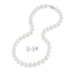 8.0-9.0mm Freshwater Cultured Pearl Strand Necklace and Stud Earrings Set in 14K White Gold-17"
