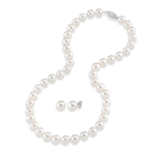 8.0 - 9.0mm Cultured Freshwater Pearl Strand Necklace and Stud Earrings Set in 14K White Gold - 17"