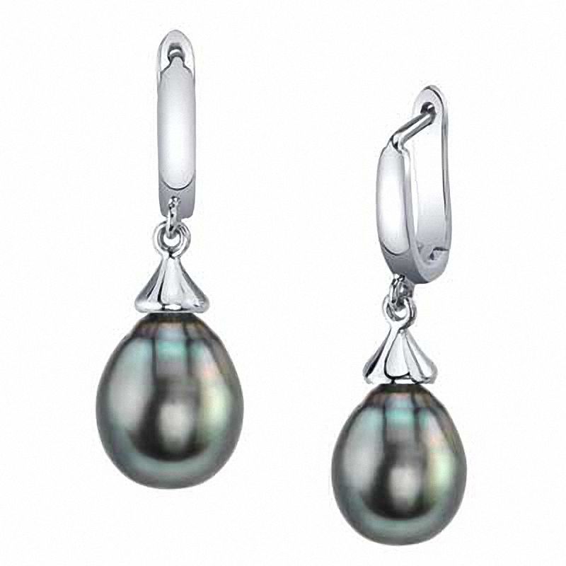 Main Image 1 of 9.0mm Black Tahitian Cultured Pearl Drop Earrings in Sterling Silver