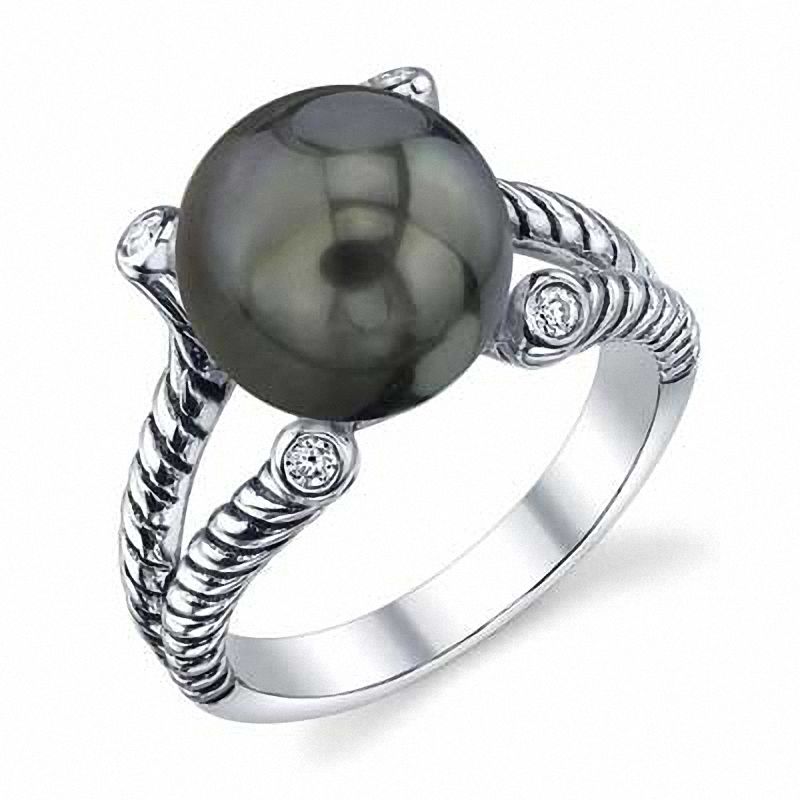 11.0mm Black Cultured Tahitian Pearl and Crystal Ring in Sterling Silver