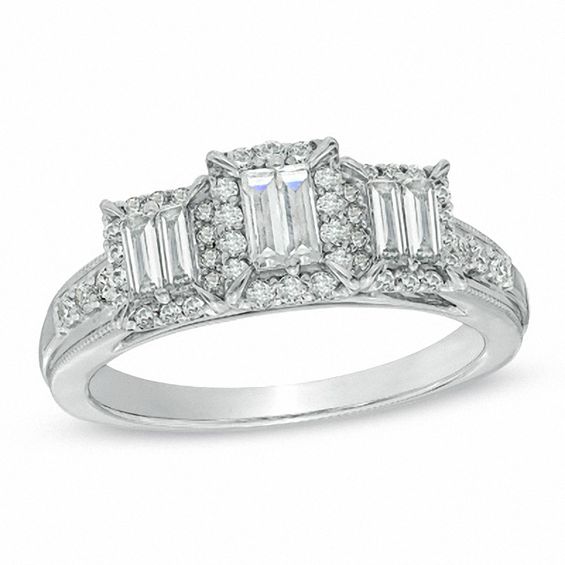 5/8 CT. T.w. Baguette Diamond Square Frame Three Stone Ring in 14K White Gold