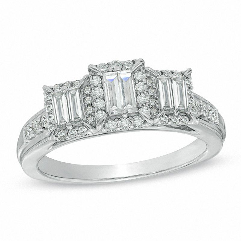 Main Image 1 of 5/8 CT. T.W. Baguette Diamond Square Frame Three Stone Ring in 14K White Gold