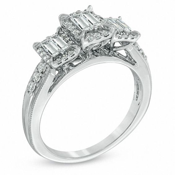 5/8 CT. T.w. Baguette Diamond Square Frame Three Stone Ring in 14K White Gold