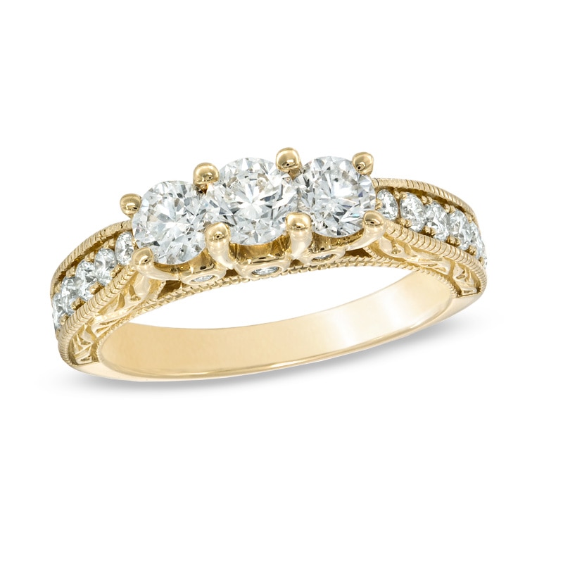 Main Image 1 of 1-1/2 CT. T.W. Certified Diamond Three Stone Vintage-Style Ring in 14K Gold (I/I1)