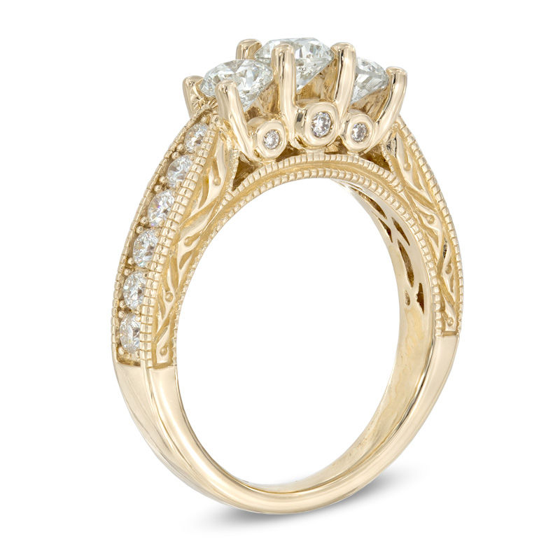 Main Image 2 of 1-1/2 CT. T.W. Certified Diamond Three Stone Vintage-Style Ring in 14K Gold (I/I1)