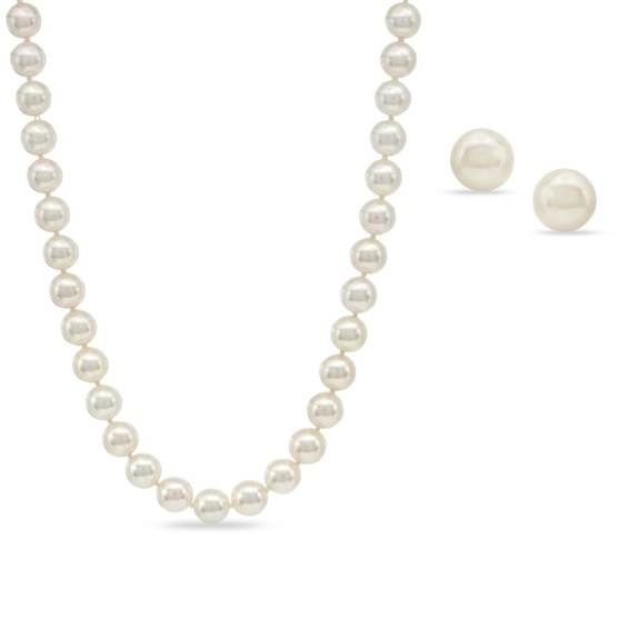 Blue LagoonÂ® by Mikimoto 7.5-8.0mm Akoya Cultured Pearl Strand and Earrings Set in 14K White Gold with Diamond Accent