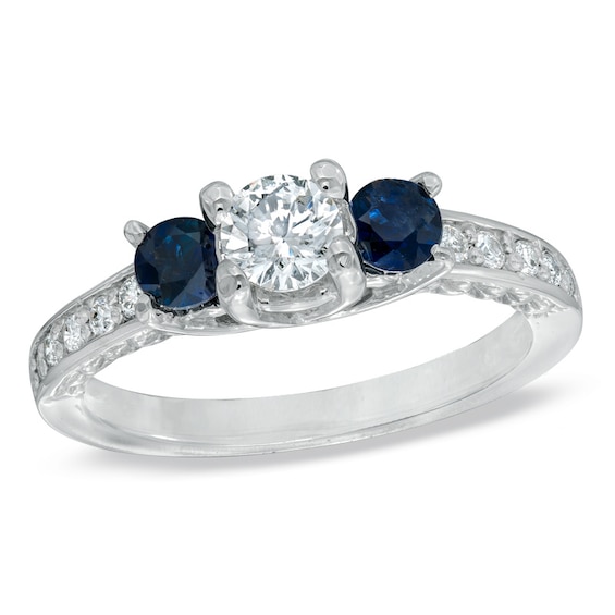 1/2 CT. T.w. Diamond and Blue Sapphire Three Stone Engagement Ring in 14K White Gold