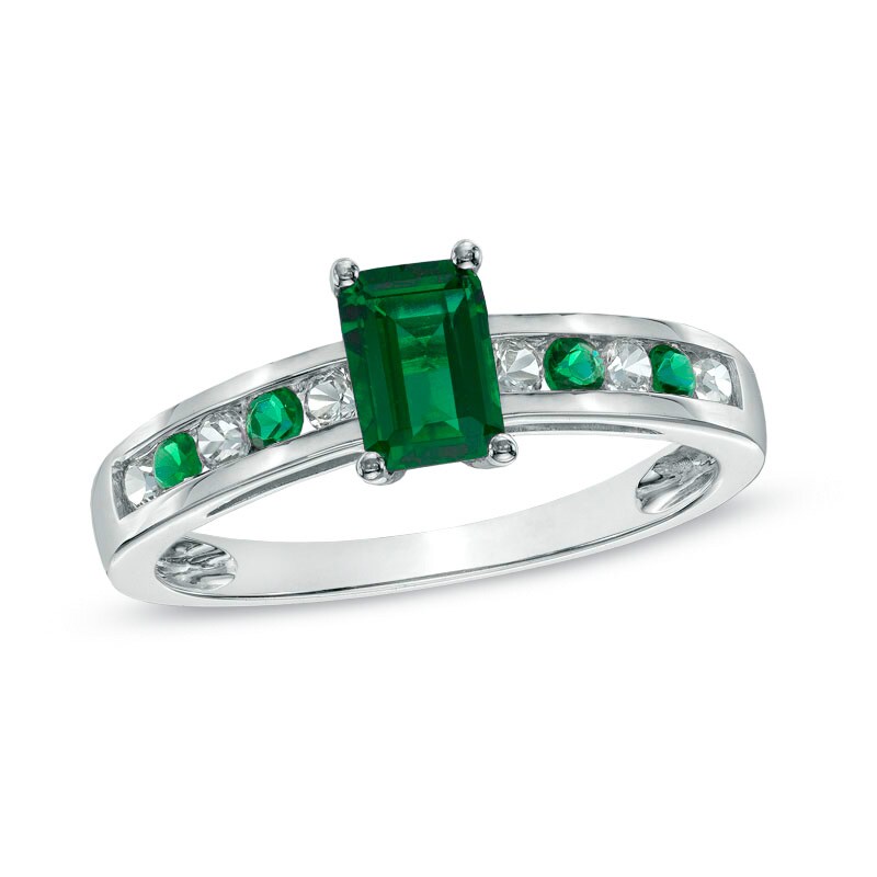 Main Image 1 of Emerald-Cut Emerald and White Sapphire Ring in 10K White Gold