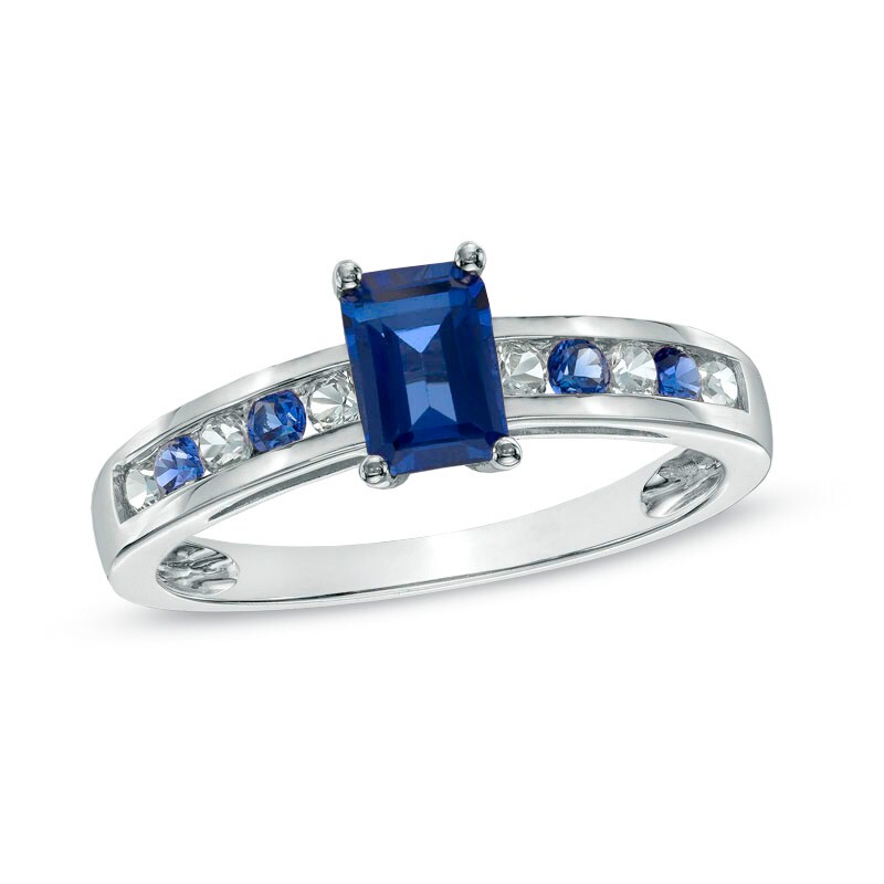 Main Image 1 of Emerald-Cut Blue and White Sapphire Ring in 10K White Gold