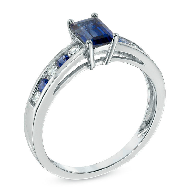 Main Image 2 of Emerald-Cut Blue and White Sapphire Ring in 10K White Gold