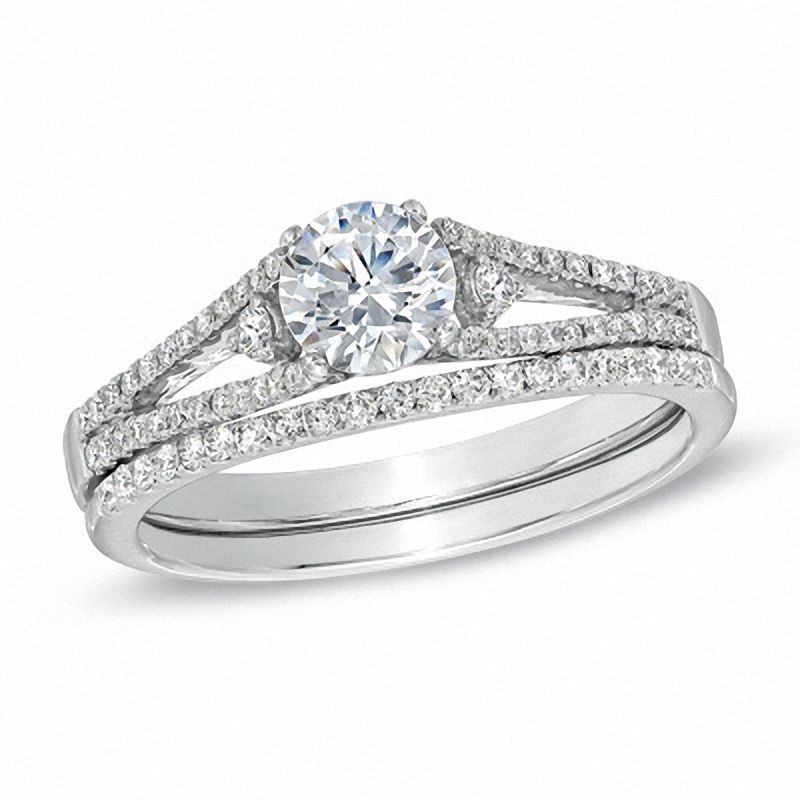 Main Image 1 of 3/4 CT. T.W. Diamond Three Stone Bridal Set in 14K White Gold