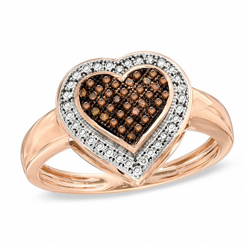 1/5 CT. T.W. Enhanced Cognac and White Diamond Heart Ring in 10K Rose Gold