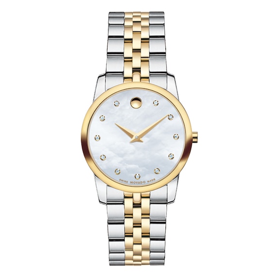 Ladies' Movado Museum® Diamond Accent Two-Tone PVD Watch with Mother-of-Pearl Dial (Model: 0606900)
