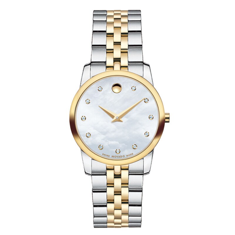 Main Image 1 of Ladies' Movado Museum® Diamond Accent Two-Tone PVD Watch with Mother-of-Pearl Dial (Model: 0606900)