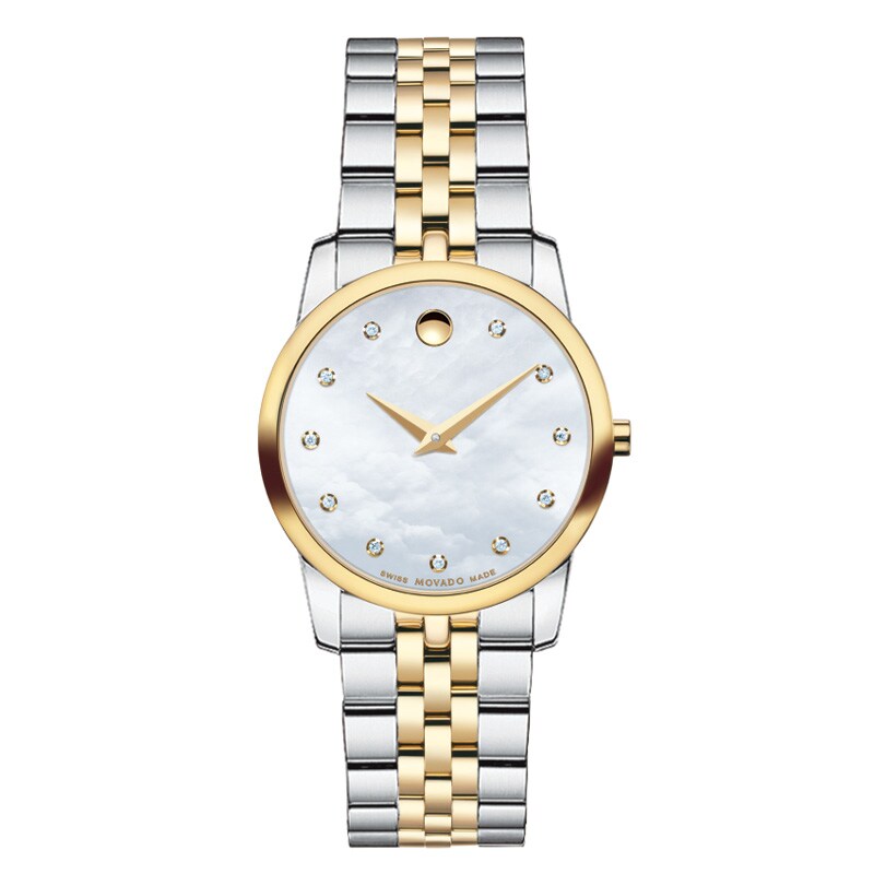 Ladies' Movado Museum® Diamond Accent Two-Tone PVD Watch with Mother-of-Pearl Dial (Model: 0606900)