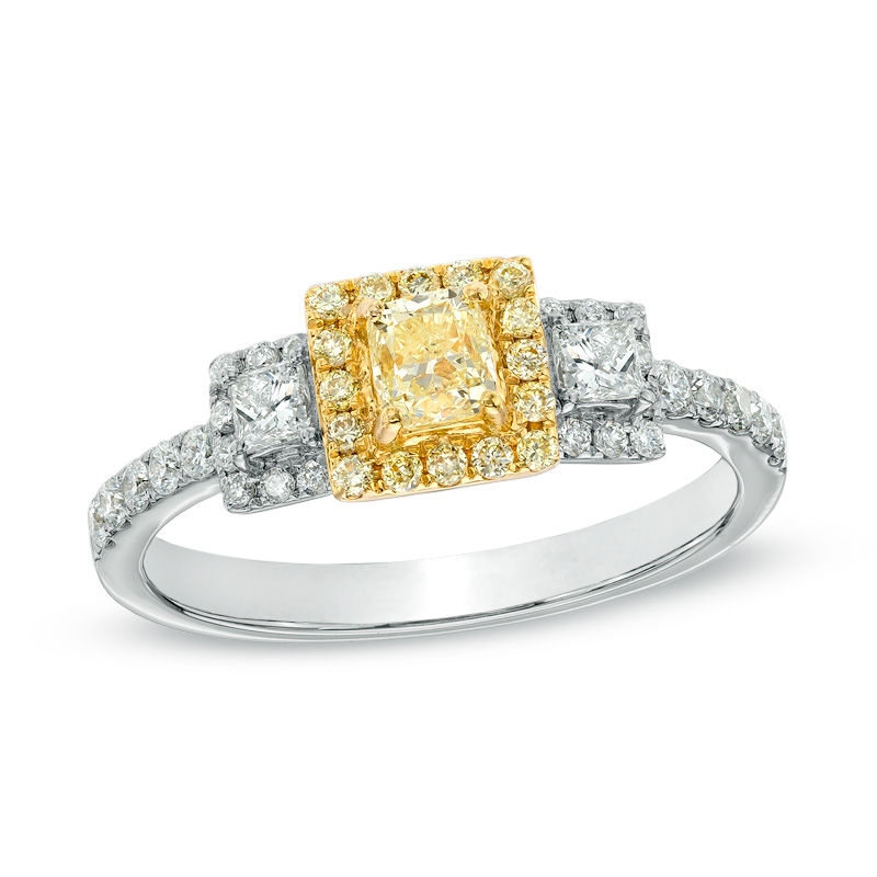 Main Image 1 of 7/8 CT. T.W. Certified Yellow and White Diamond Three Stone Frame Ring in 14K Two-Tone Gold (SI2)