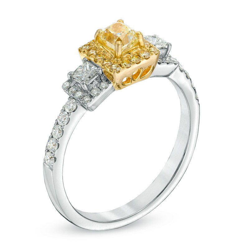 Main Image 2 of 7/8 CT. T.W. Certified Yellow and White Diamond Three Stone Frame Ring in 14K Two-Tone Gold (SI2)