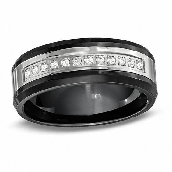 Men s 8.0mm 1 6 CT. T.W. Diamond Black Ceramic and Stainless Steel